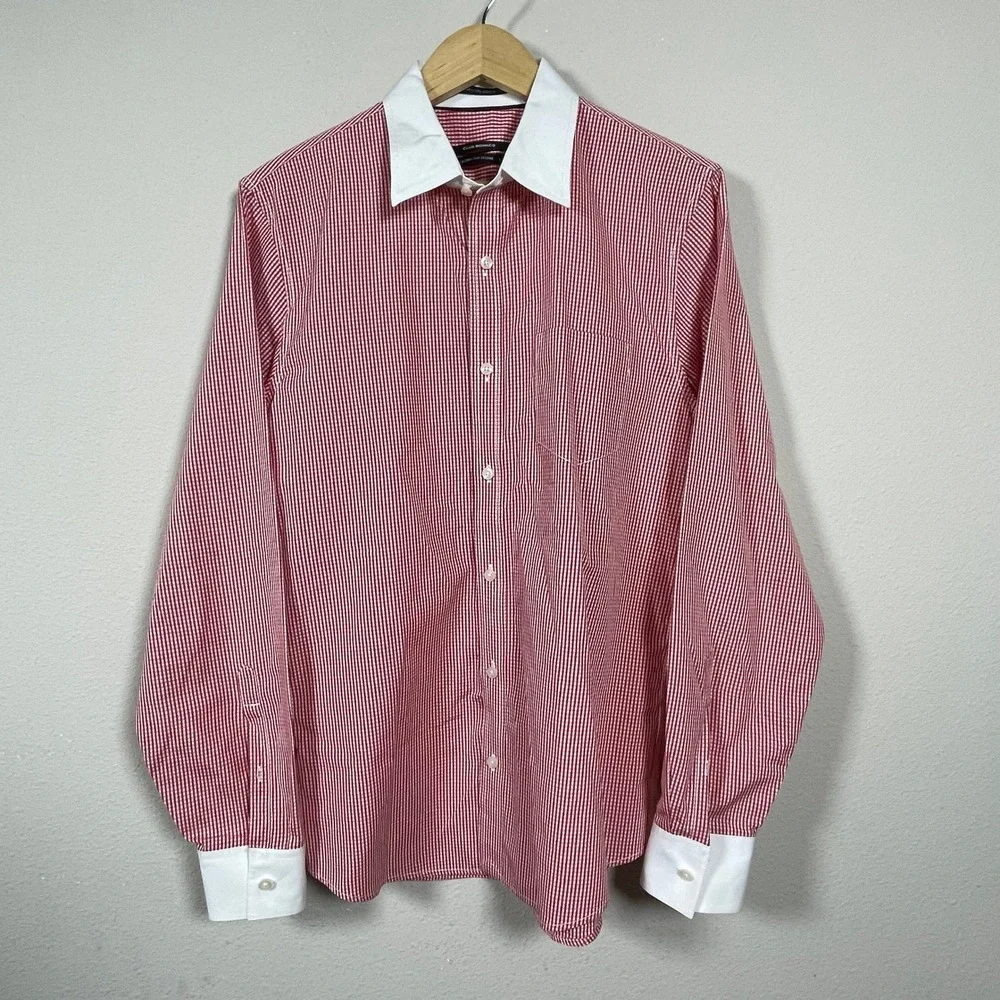 Club Monaco Dress Shirt Dapper Sartorial Men L Red White Gingham Contrast Collar
